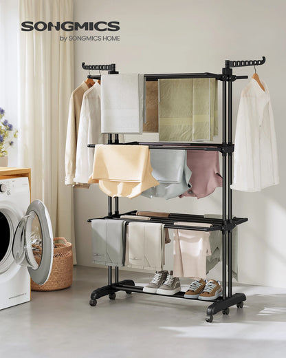 Séchoir à vêtements à 4 niveaux avec roues, pliable, 63,5 x 125,5 x 173 cm, grande capacité, usage intérieur et extérieur, noir