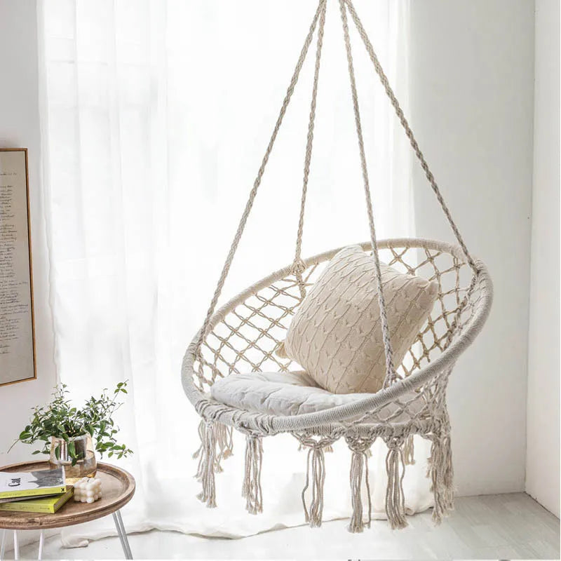 Fauteuil suspendu hamac, fauteuil suspendu en corde de coton avec coussin et kit de fixation, fauteuil suspendu.