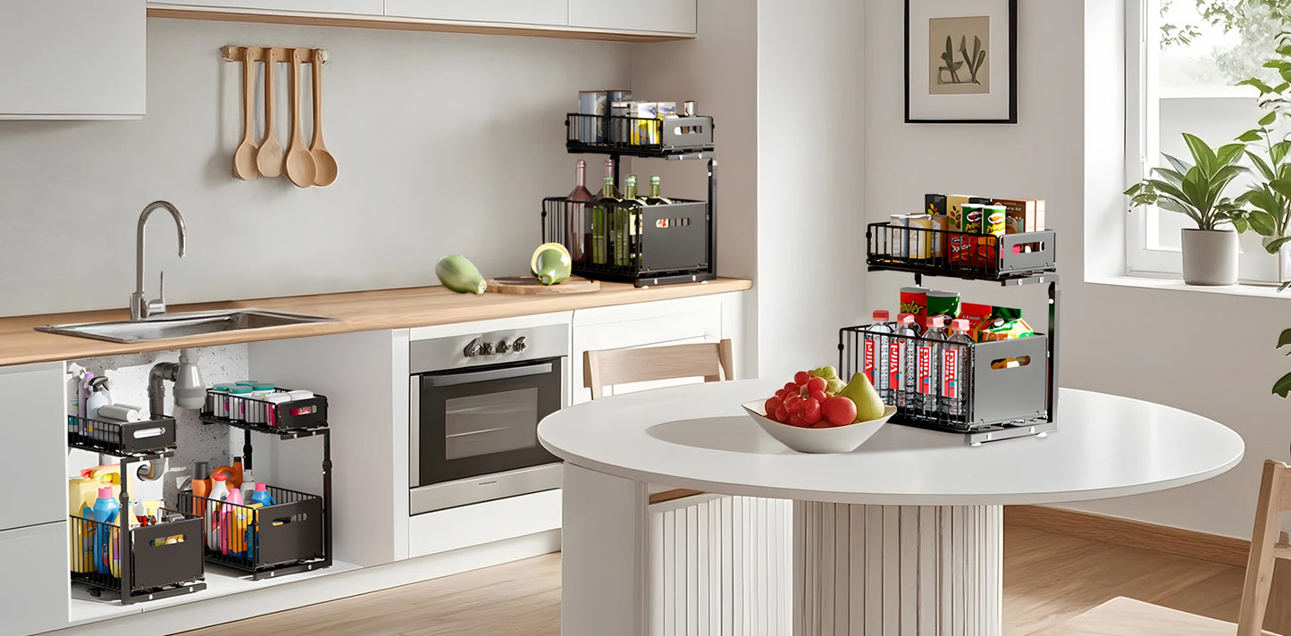 Organisateur de placard coulissant à 2 niveaux, étagère de rangement de cuisine réglable, organisateur sous évier, étagère de rangement pour pots à épices, tiroir coulissant