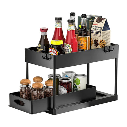 Organisateur de rangement à 2 niveaux sous évier, panier coulissant avec crochets, support pour tasses suspendues, pour salle de bain ou cuisine.