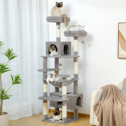 Grand arbre à chat multi-niveaux avec hamac, niches et griffoirs en sisal