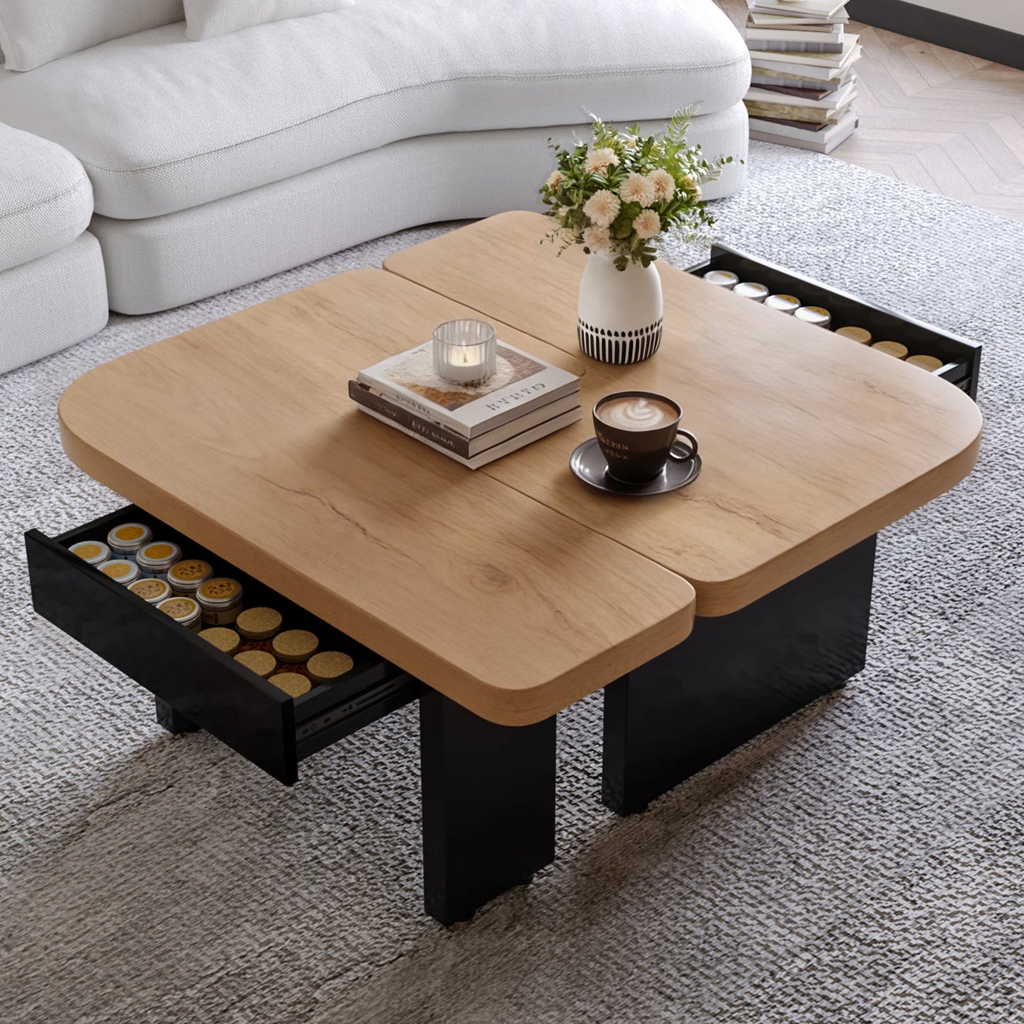 Conception de table basse 2 en 1, librement combinable, 2 tiroirs, ronds souples, pieds réglables en hauteur.