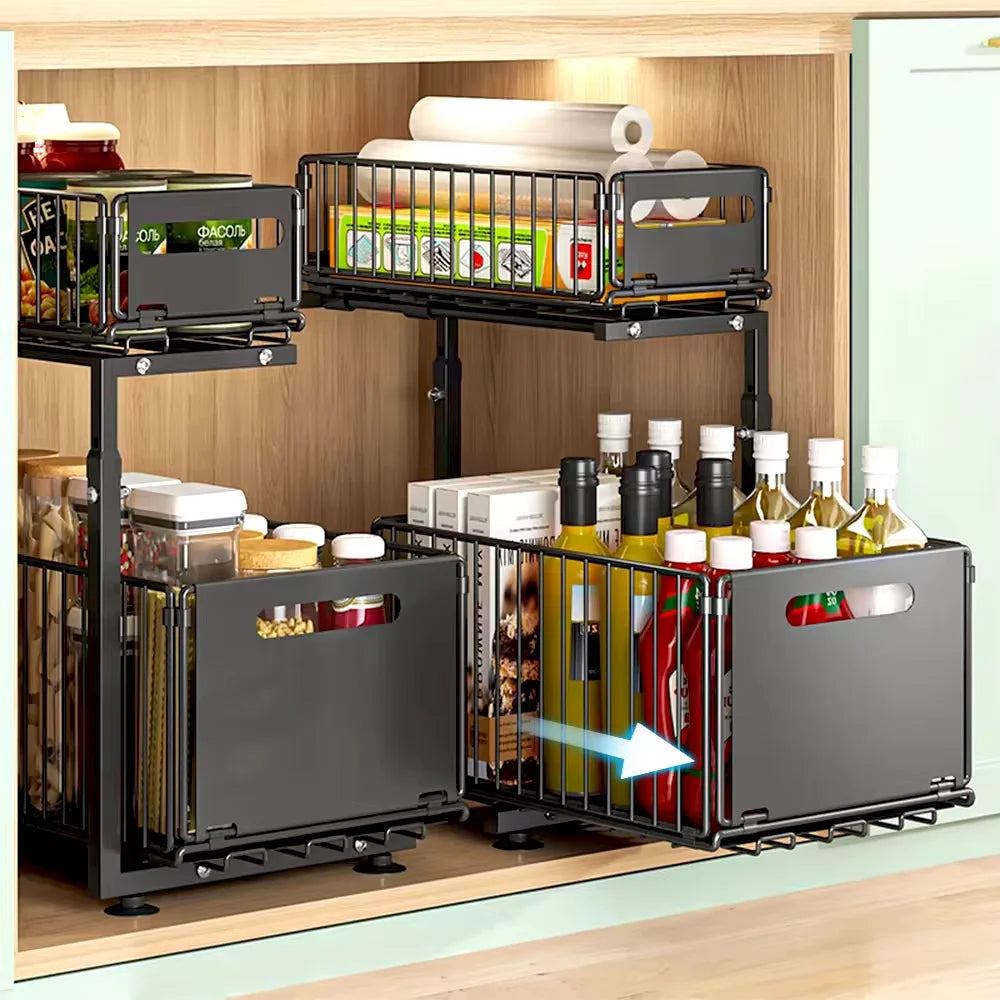 Organisateur de placard coulissant à 2 niveaux, étagère de rangement de cuisine réglable, organisateur sous évier, étagère de rangement pour pots à épices, tiroir coulissant