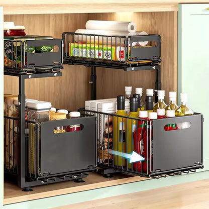 Organisateur de placard coulissant à 2 niveaux, étagère de rangement de cuisine réglable, organisateur sous évier, étagère de rangement pour pots à épices, tiroir coulissant