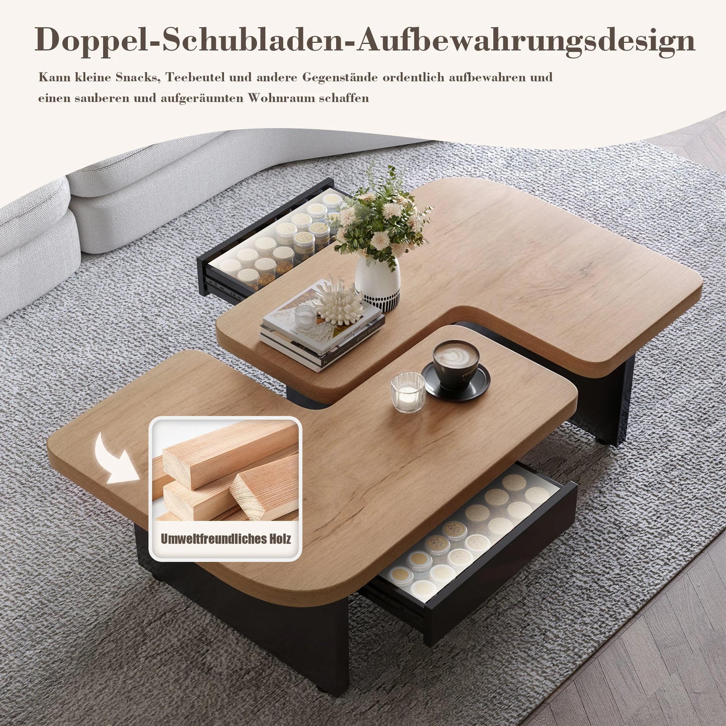 Conception de table basse 2 en 1, librement combinable, 2 tiroirs, ronds souples, pieds réglables en hauteur.