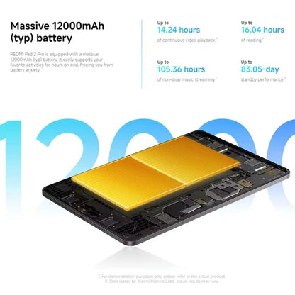 Xiaomi Redmi Pad 2 Pro Version Globale, écran 12,1" 2,5K haute définition, batterie 12 000 mAh, charge rapide 33 W, processeur Snapdragon 7s Gen 4.