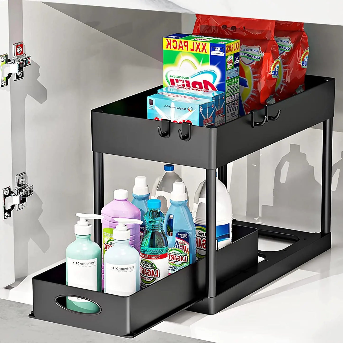 Organisateur de rangement à 2 niveaux sous évier, panier coulissant avec crochets, support pour tasses suspendues, pour salle de bain ou cuisine.