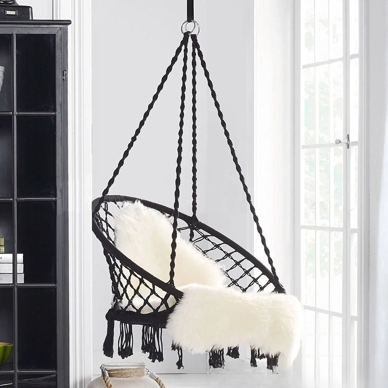 Fauteuil suspendu hamac, fauteuil suspendu en corde de coton avec coussin et kit de fixation, fauteuil suspendu.