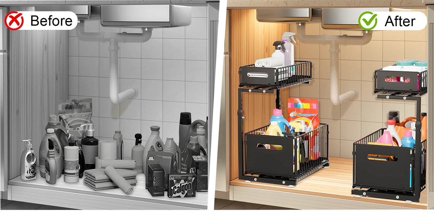 Organisateur de placard coulissant à 2 niveaux, étagère de rangement de cuisine réglable, organisateur sous évier, étagère de rangement pour pots à épices, tiroir coulissant