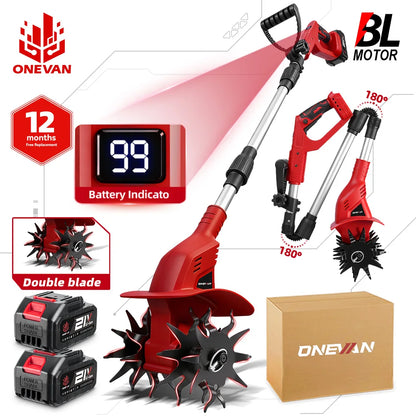 Motoculteur Électrique ONEVAN 1600W Sans Fil – Puissant, Silencieux, Idéal pour Jardin et Potager (Brushless + Double Lame)