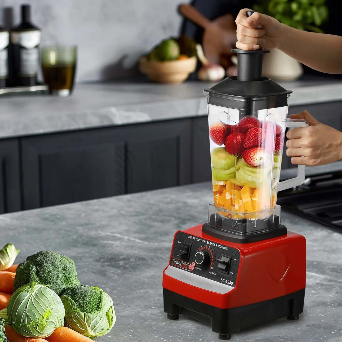Mixeur électrique 2 en 1 2000 W haute puissance, robuste et professionnel, pour smoothies et autres préparations culinaires.