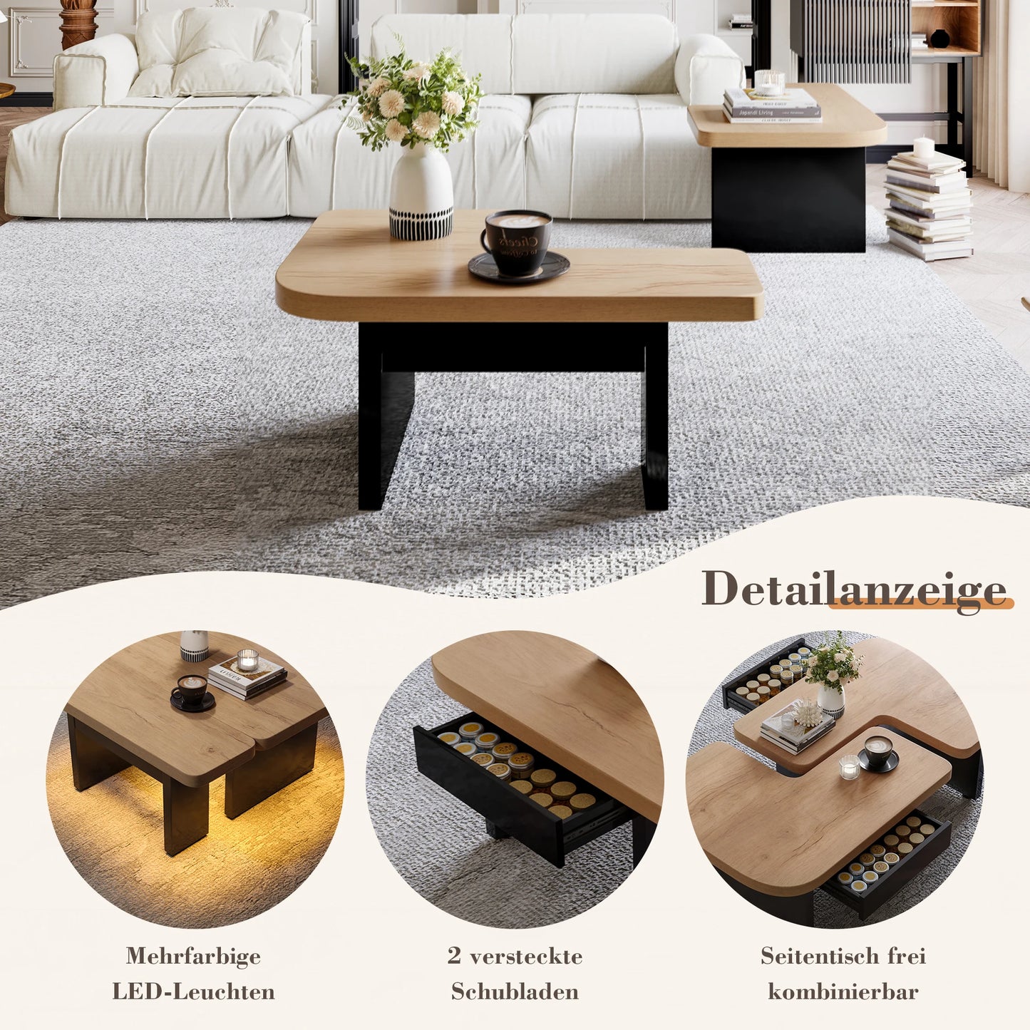 Conception de table basse 2 en 1, librement combinable, 2 tiroirs, ronds souples, pieds réglables en hauteur.