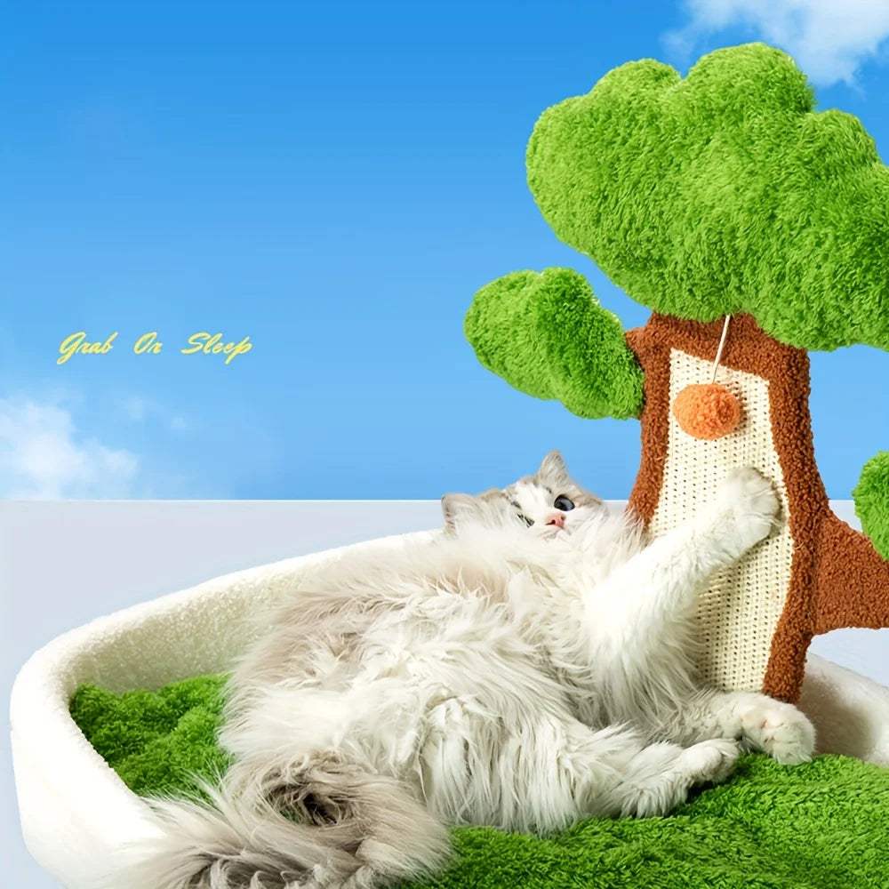Lit et griffoir 2 en 1 pour chat, motif pin, avec coussin amovible et lavable, nid douillet toutes saisons.