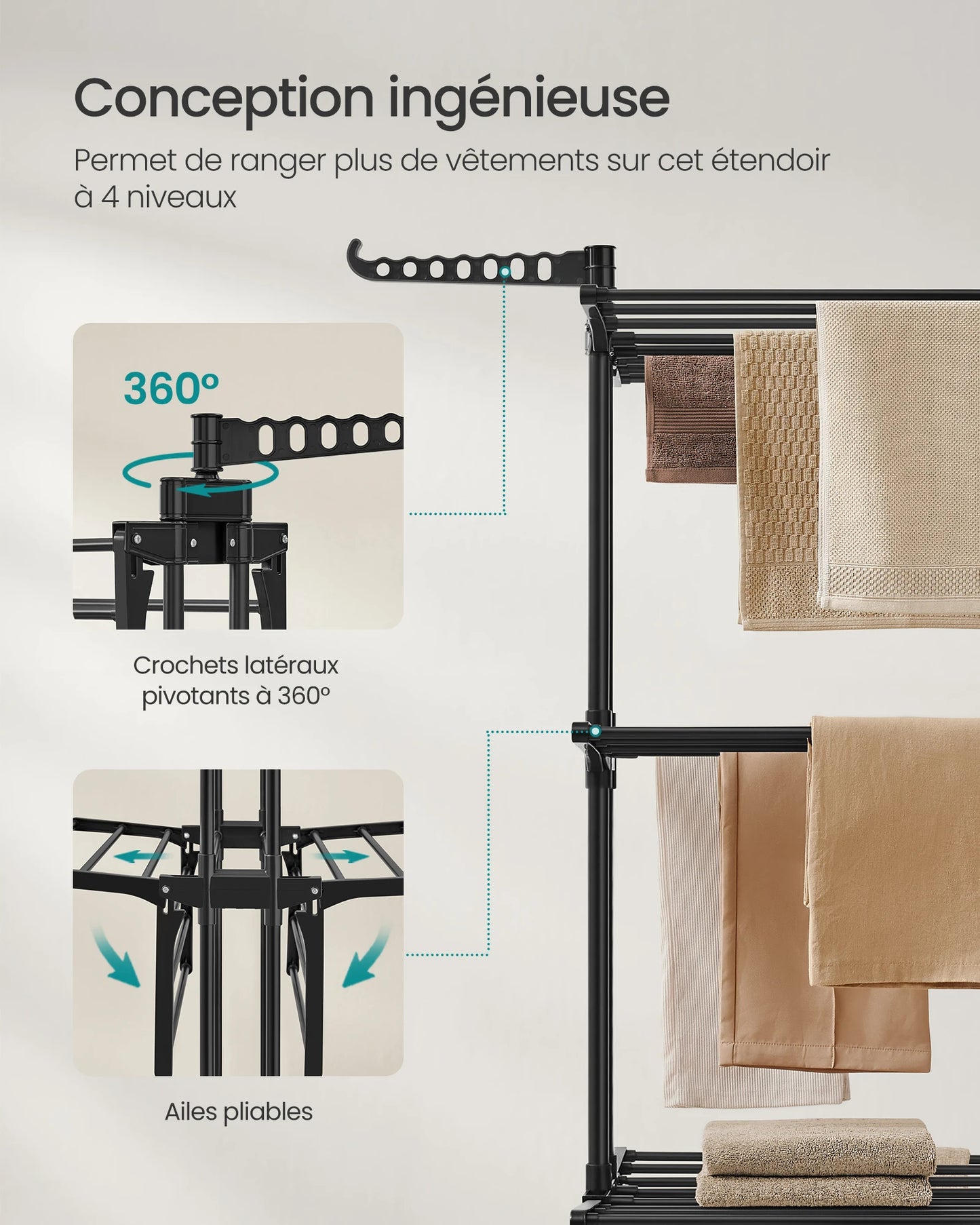 Séchoir à vêtements à 4 niveaux avec roues, pliable, 63,5 x 125,5 x 173 cm, grande capacité, usage intérieur et extérieur, noir