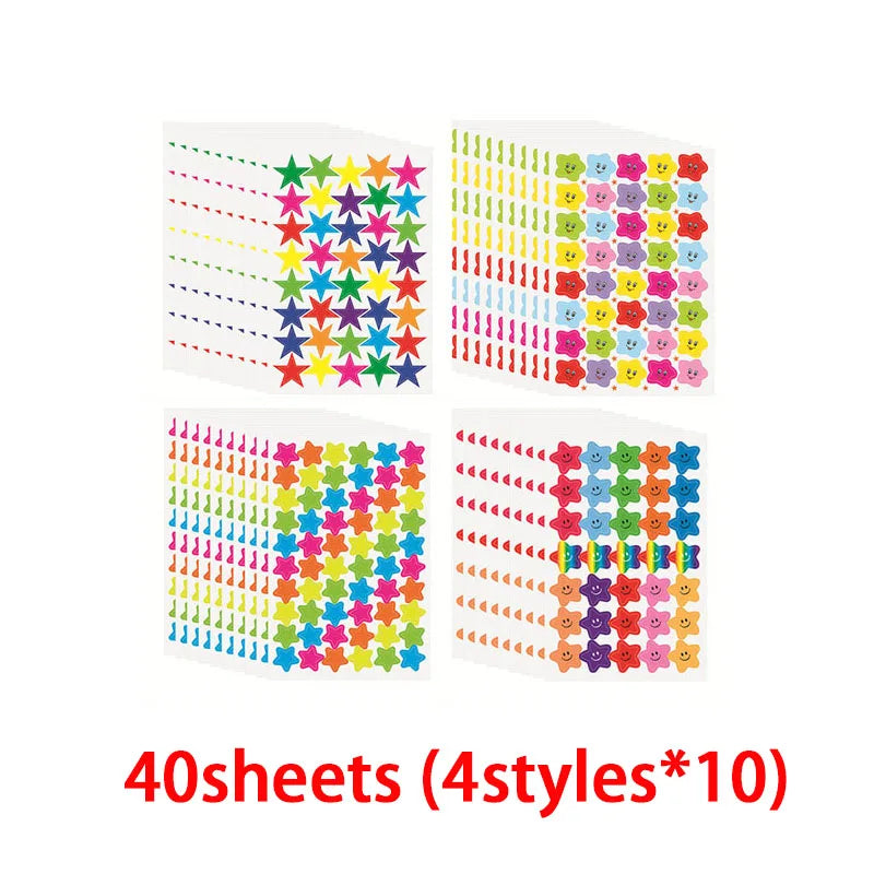 10 à 40 feuilles d'autocollants de récompense pour enfants : fleurs colorées, étoiles, cœurs, points. Idéal pour tableau de comportement, scrapbooking et fournitures scolaires pour enseignants.