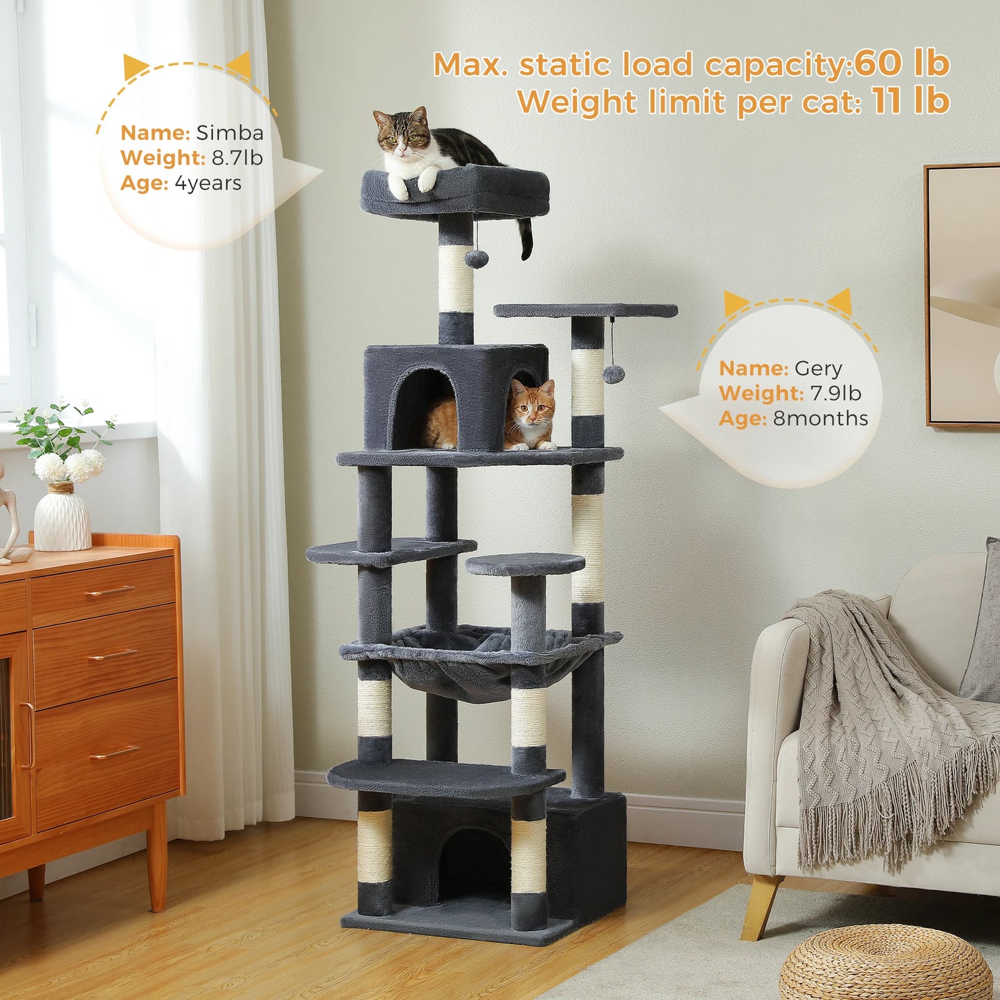 Grand arbre à chat multi-niveaux avec hamac, niches et griffoirs en sisal