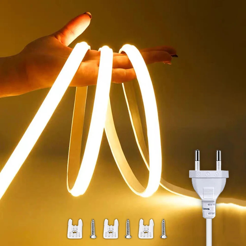 Bande LED COB 220V étanche — Éclairage puissant intérieur & extérieur avec interrupteur
