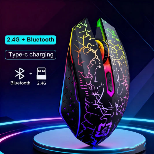 Souris de jeu sans fil double mode, connexion 2,4 GHz + Bluetooth, charge rapide Type-C, lumières colorées craquelées.