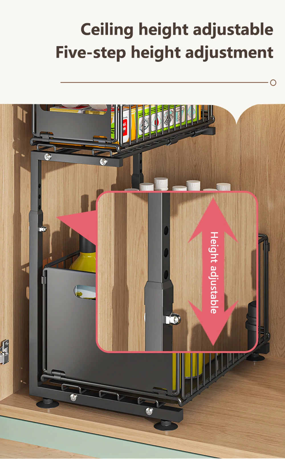 Organisateur de placard coulissant à 2 niveaux, étagère de rangement de cuisine réglable, organisateur sous évier, étagère de rangement pour pots à épices, tiroir coulissant