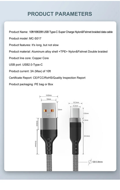Câble USB-C charge rapide 6A — Longueur confort jusqu’à 8 mètres