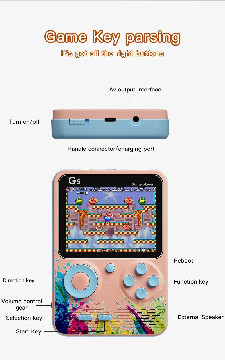 Console de jeux portable G5 avec 500 jeux rétro classiques, écran 3 pouces, manette de jeu portable, batterie rechargeable 1020 mAh, cadeau idéal pour les fêtes