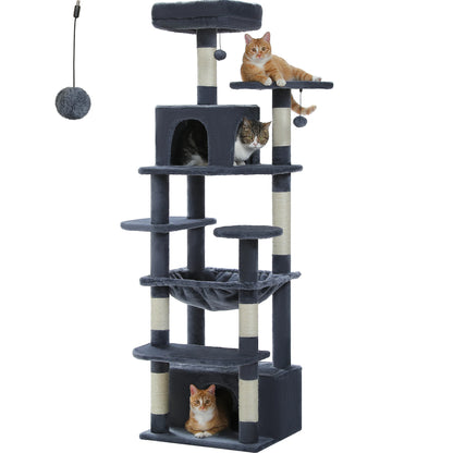 Grand arbre à chat multi-niveaux avec hamac, niches et griffoirs en sisal