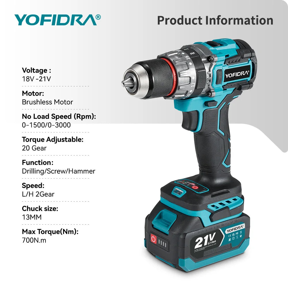 Perceuse à percussion électrique sans balais YOFIDRA 700 N.M, visseuse sans fil, compatible avec les batteries Makita.