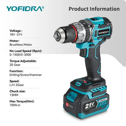 Perceuse à percussion électrique sans balais YOFIDRA 700 N.M, visseuse sans fil, compatible avec les batteries Makita.