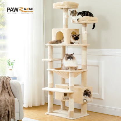 Grand arbre à chat multi-niveaux avec hamac, niches et griffoirs en sisal