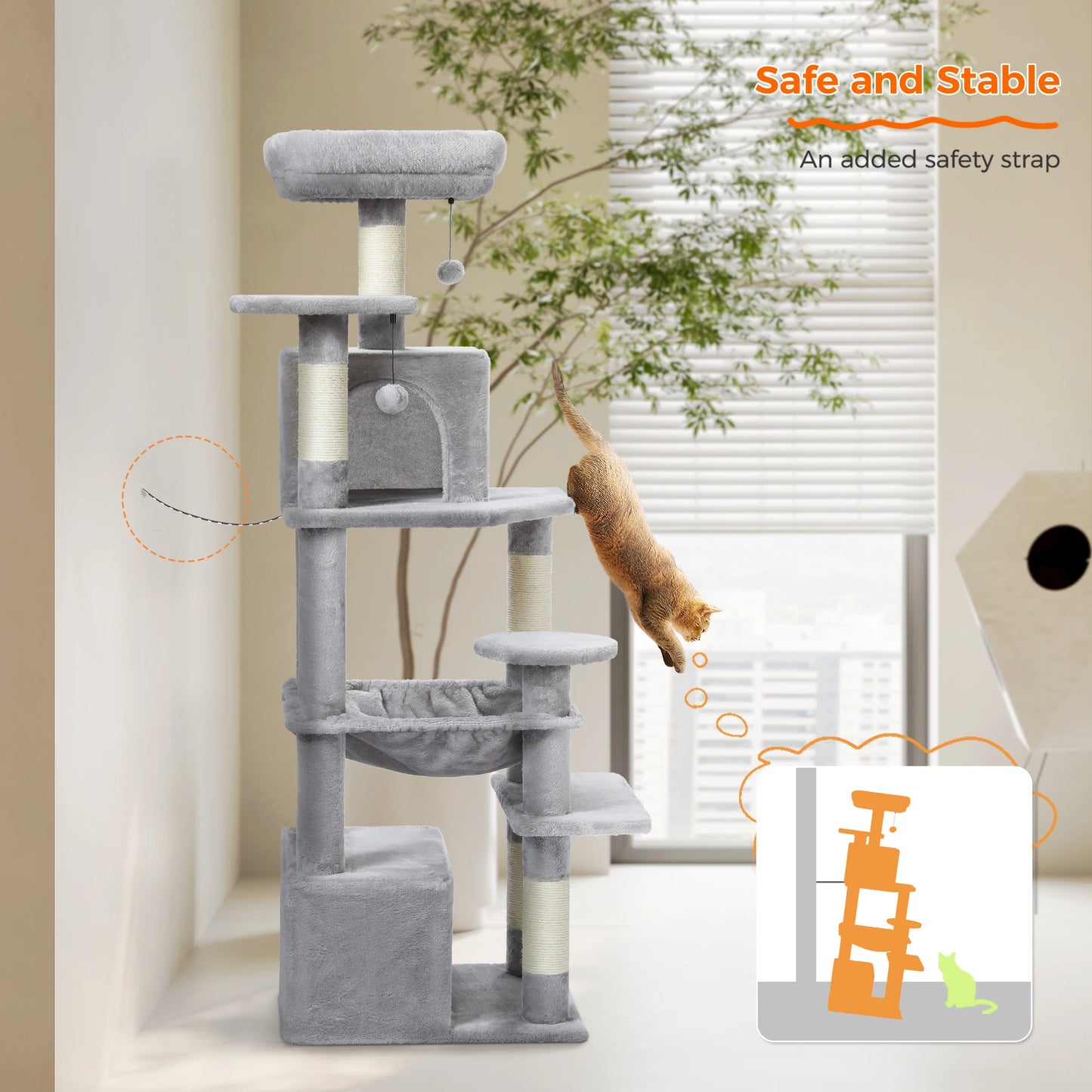 Grand arbre à chat multi-niveaux avec hamac, niches et griffoirs en sisal