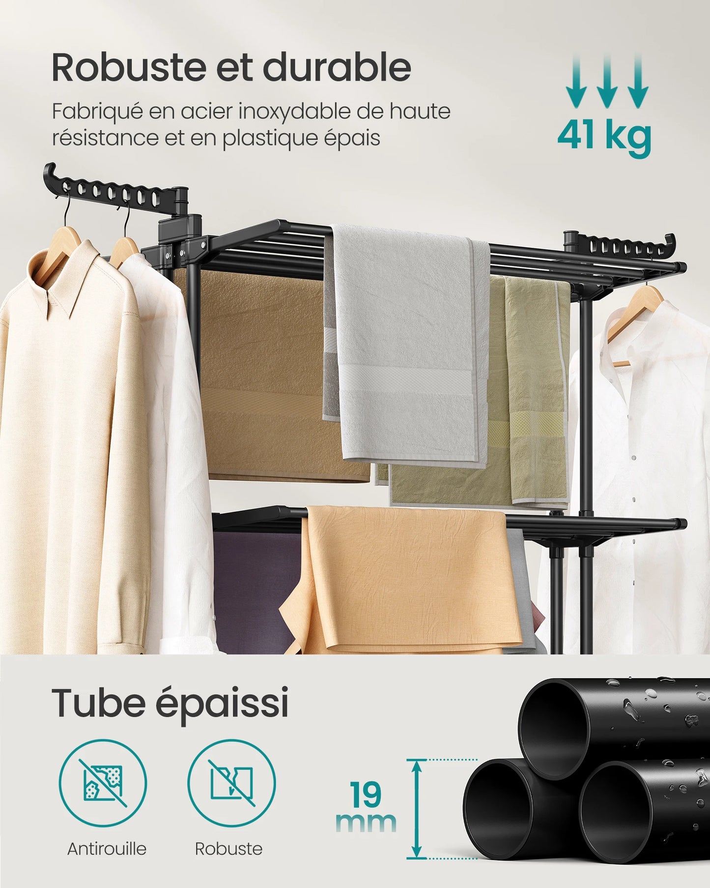 Séchoir à vêtements à 4 niveaux avec roues, pliable, 63,5 x 125,5 x 173 cm, grande capacité, usage intérieur et extérieur, noir