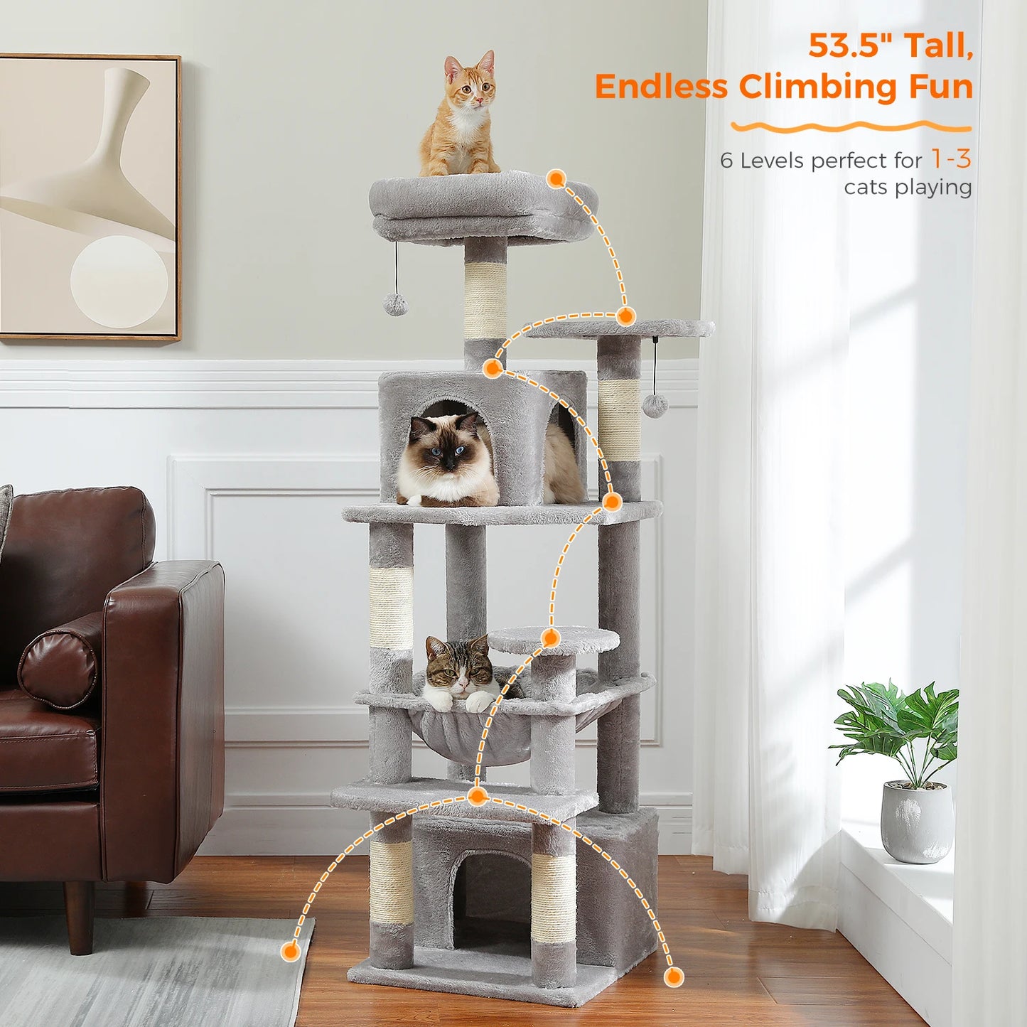Grand arbre à chat multi-niveaux avec hamac, niches et griffoirs en sisal