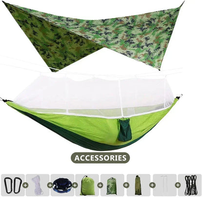 Hamac double de camping extérieur 260x140cm avec moustiquaire et bâche anti-pluie, hamac léger en parachute pour la randonnée et les voyages