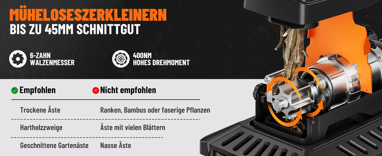 Broyeur de jardin DOVAMAN 2800 W, moteur sans balais 400 Nm, rouleau à 6 dents, capacité de 45 mm, bac de 60 L, silencieux et protégé contre les surcharges