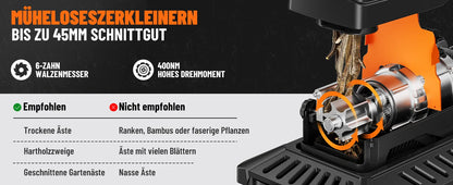 Broyeur de jardin DOVAMAN 2800 W, moteur sans balais 400 Nm, rouleau à 6 dents, capacité de 45 mm, bac de 60 L, silencieux et protégé contre les surcharges