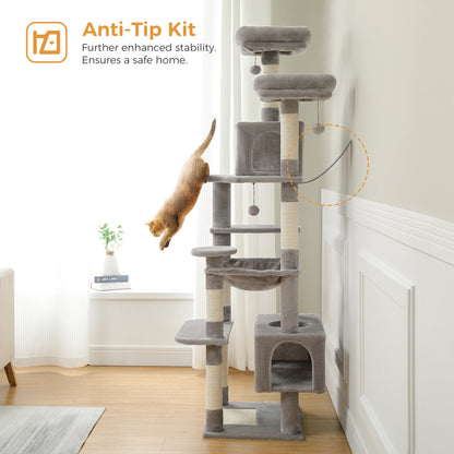 Grand arbre à chat multi-niveaux avec hamac, niches et griffoirs en sisal