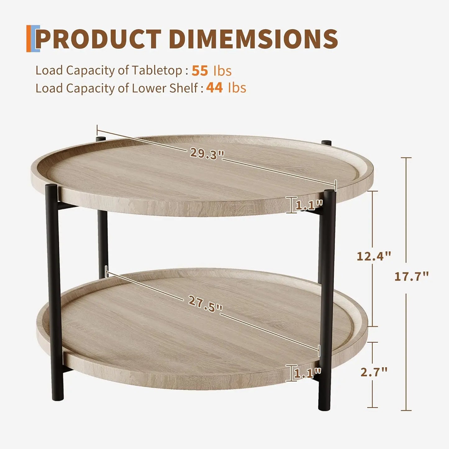 Table basse ronde de 75 cm avec rangement à 2 niveaux, plateau en bois et cadre en métal, table centrale.