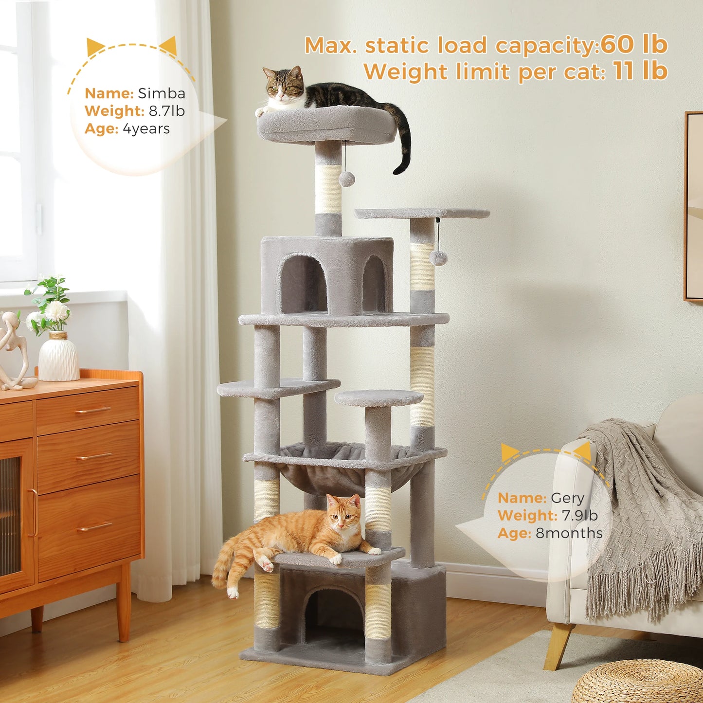 Grand arbre à chat multi-niveaux avec hamac, niches et griffoirs en sisal