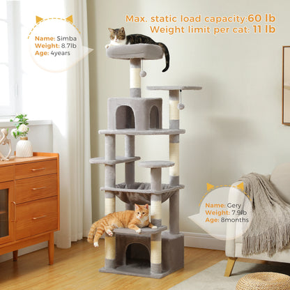 Grand arbre à chat multi-niveaux avec hamac, niches et griffoirs en sisal