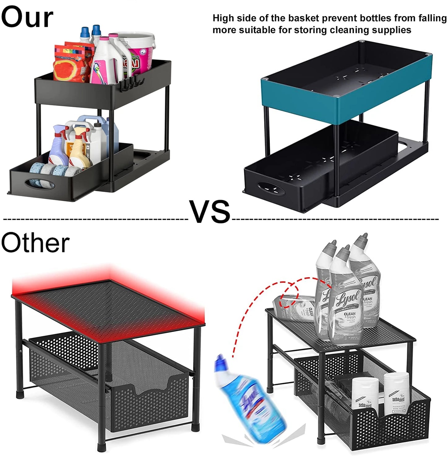 Organisateur de rangement à 2 niveaux sous évier, panier coulissant avec crochets, support pour tasses suspendues, pour salle de bain ou cuisine.