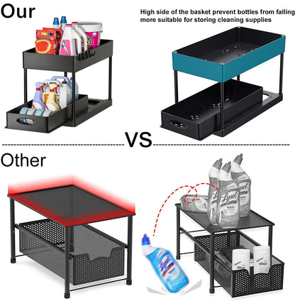Organisateur de rangement à 2 niveaux sous évier, panier coulissant avec crochets, support pour tasses suspendues, pour salle de bain ou cuisine.