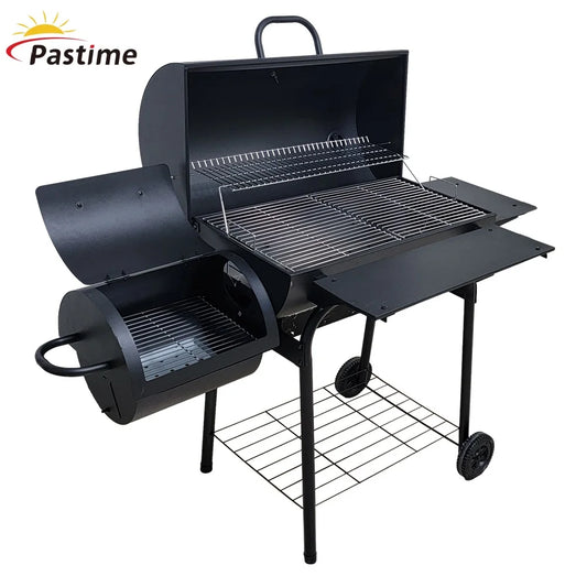 Barbecue à charbon de bois moderne et robuste en acier thermolaqué avec grande surface de cuisson, cheminée décalée et chariot double.