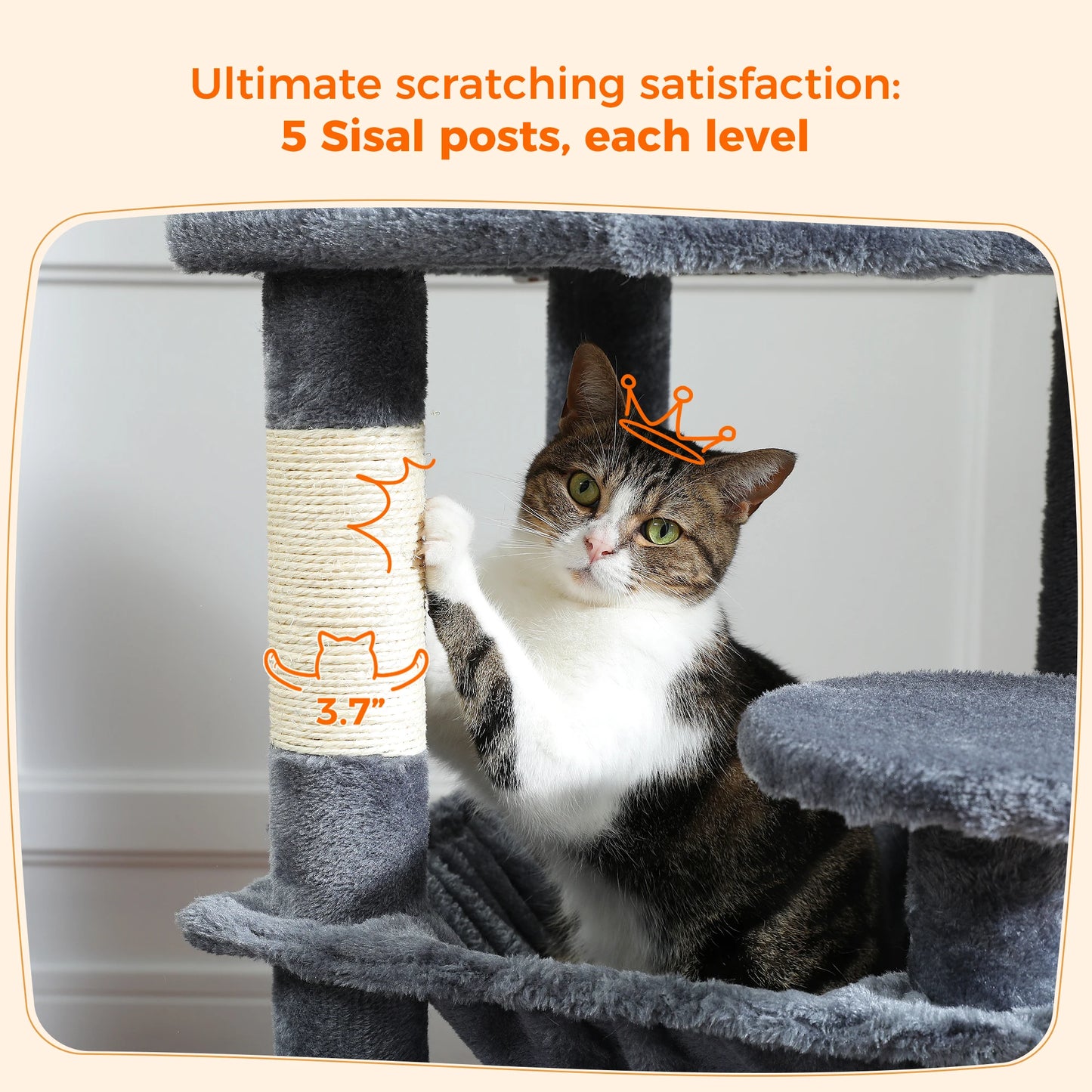 Grand arbre à chat multi-niveaux avec hamac, niches et griffoirs en sisal