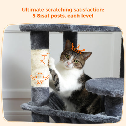Grand arbre à chat multi-niveaux avec hamac, niches et griffoirs en sisal