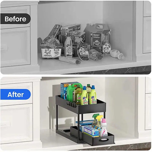 Organisateur de rangement à 2 niveaux sous évier, panier coulissant avec crochets, support pour tasses suspendues, pour salle de bain ou cuisine.