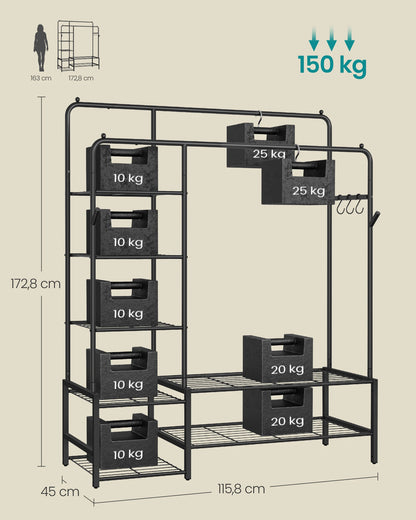 SONGMICS Porte-vêtements, armoire ouverte, porte-manteau avec 7 étagères, cadre en métal, rails suspendus, noir