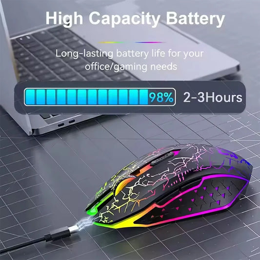 Souris de jeu sans fil double mode, connexion 2,4 GHz + Bluetooth, charge rapide Type-C, lumières colorées craquelées.