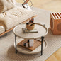 Table basse ronde de 75 cm avec rangement à 2 niveaux, plateau en bois et cadre en métal, table centrale.