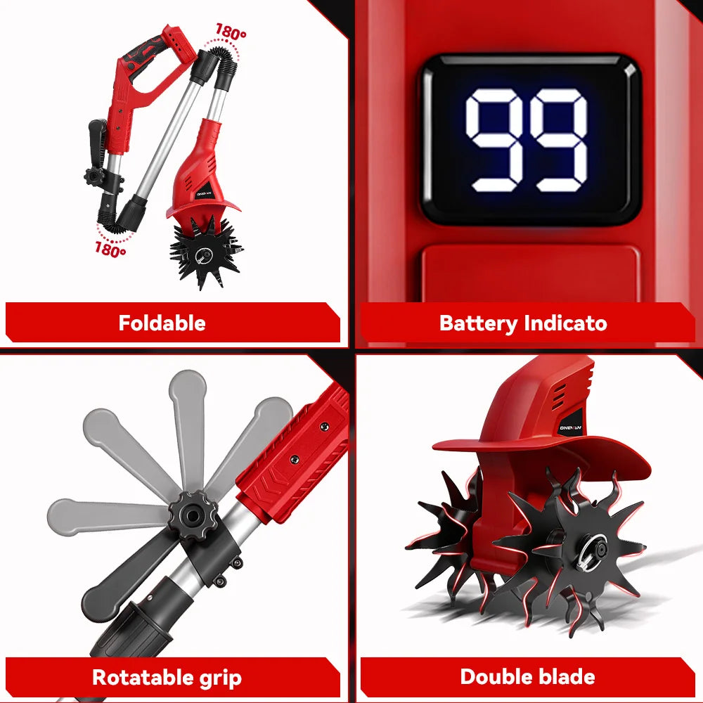Motoculteur Électrique ONEVAN 1600W Sans Fil – Puissant, Silencieux, Idéal pour Jardin et Potager (Brushless + Double Lame)