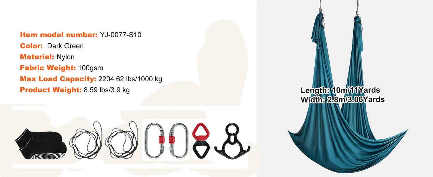 SucceBuy Hamac et balançoire de yoga aérien 8,7/11 yards, kit de démarrage de yoga avec sangle en tissu de soie aérienne, accessoire pour tous les niveaux.